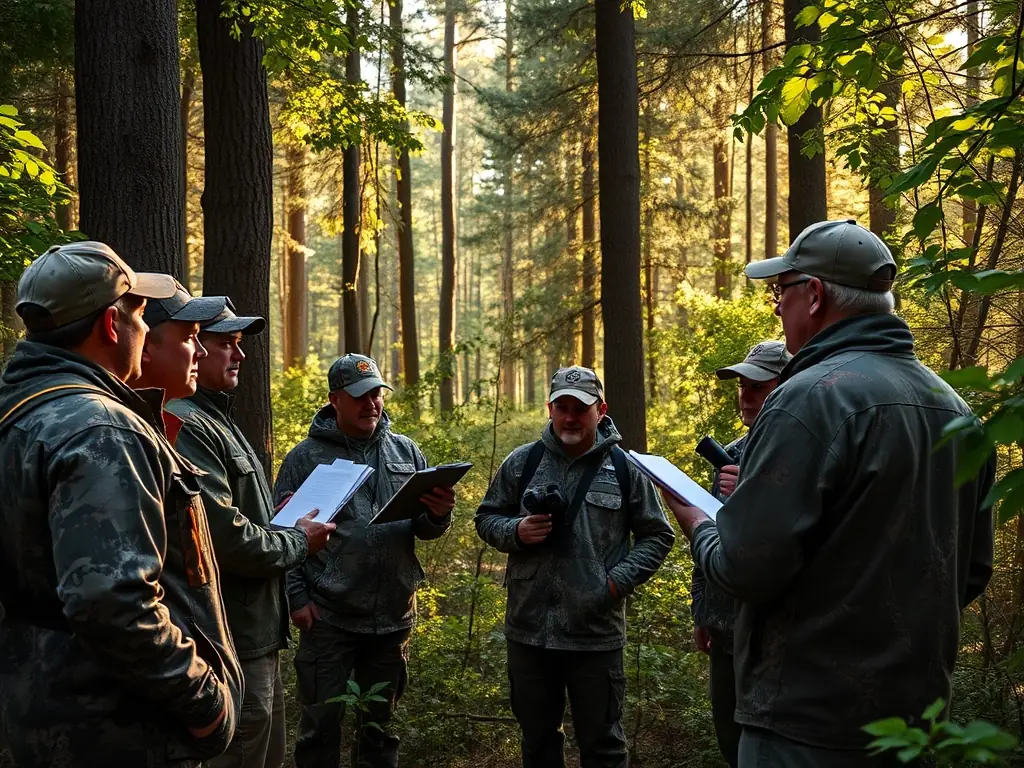 A photograph depicting a group of hunters participating in a training session on responsible hunting practices in a natural setting. The image should convey a sense of learning and collaboration.