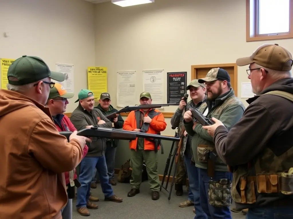 A photograph showing a training session for association members on responsible hunting practices, including proper firearm handling, wildlife identification, and ethical hunting techniques. The setting is an outdoor range with safety measures in place.