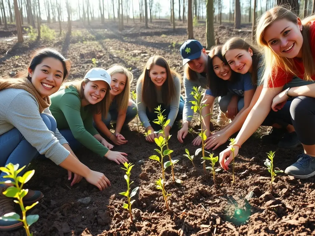 A photograph showcasing volunteers participating in a habitat restoration project, planting trees and clearing debris in a local forest. The image should highlight the importance of ecological stewardship.