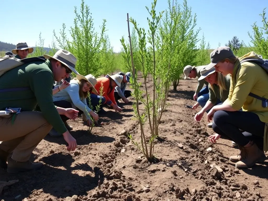A photograph depicting a group of association members participating in a wildlife habitat restoration project, planting native trees and shrubs in a designated area. The image should convey a sense of teamwork and environmental stewardship.