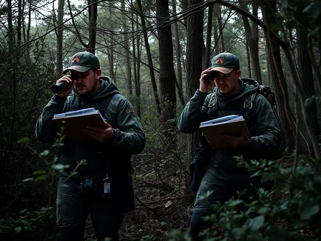 A photograph featuring members of the association conducting a wildlife survey, using binoculars and recording data in a notebook. The image should emphasize the scientific aspect of wildlife management.