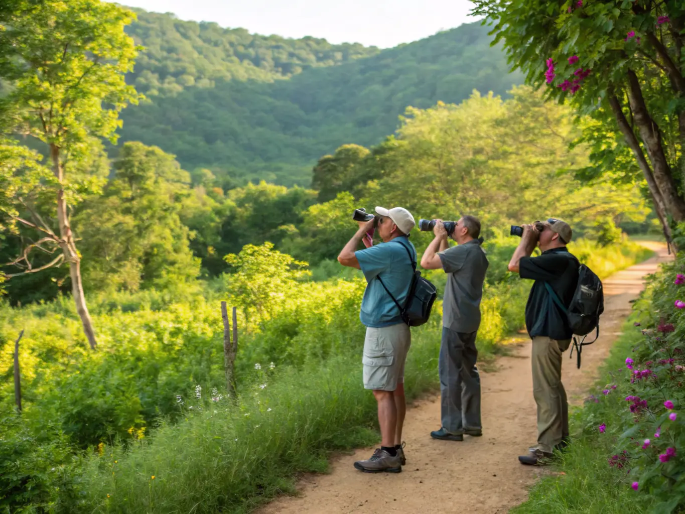 A photograph capturing association members conducting a wildlife survey, using binoculars and tracking equipment to monitor animal populations and assess the health of the local ecosystem. The backdrop is a scenic natural landscape.