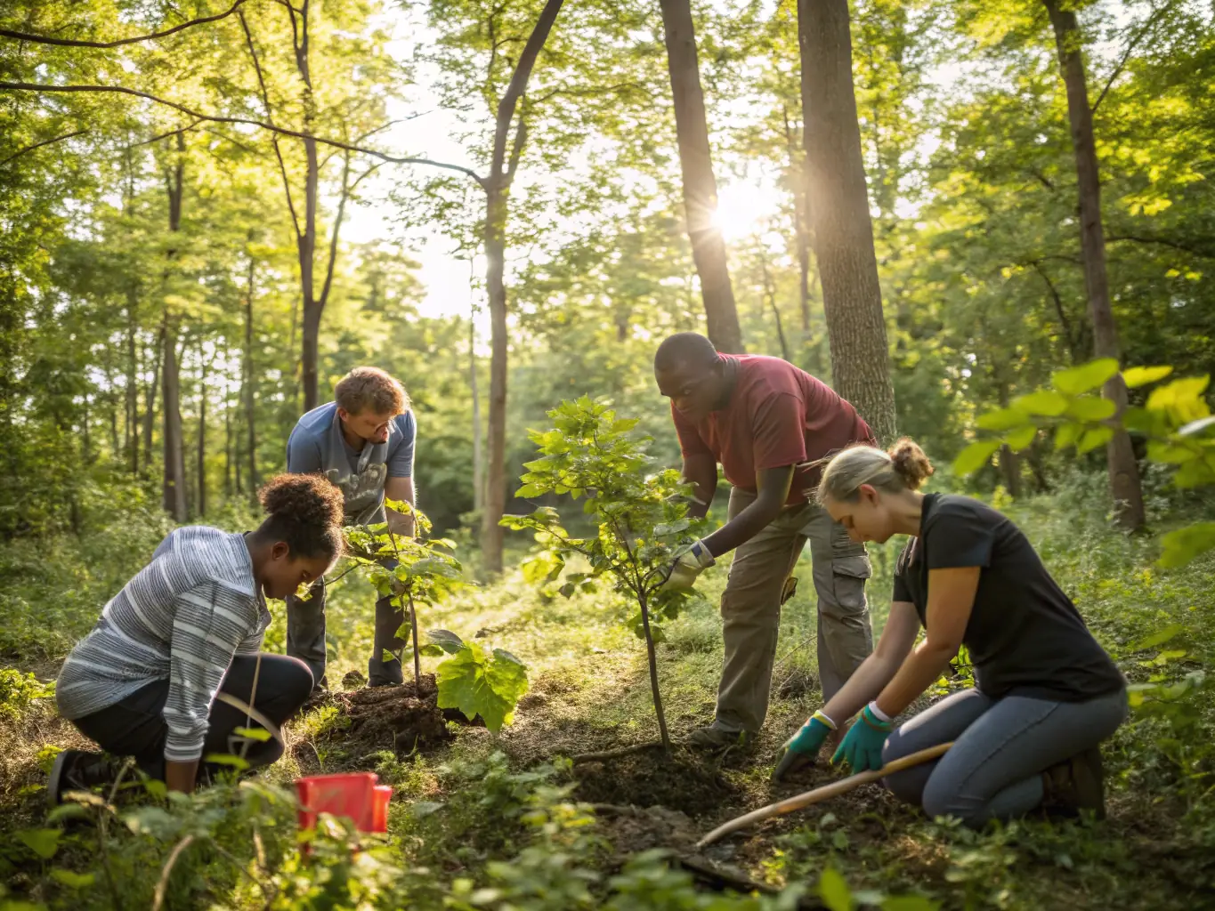 A photograph of association members participating in a habitat restoration project in the Thiezac region, demonstrating their commitment to environmental stewardship.
